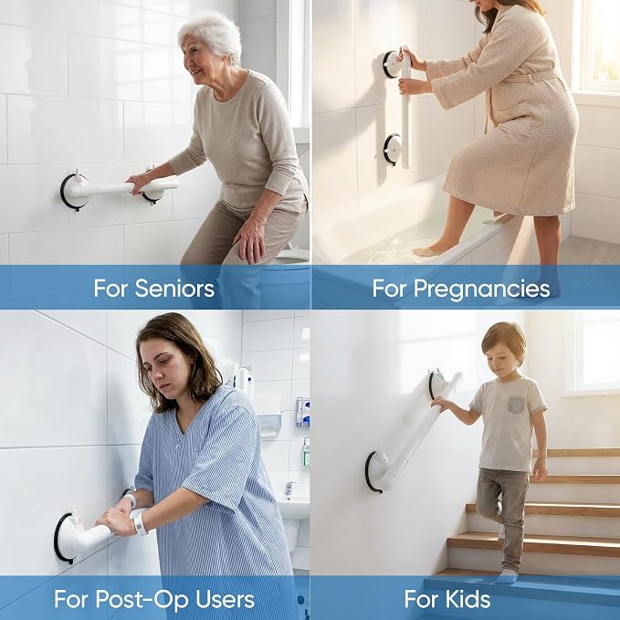 Suction Grab Bars for Shower,18.3 Inch 350 LBS Weight Support Shower Handles with Safety Indicator, Grab Bars for Seniors and Elderly, No Drilling Removable Bathtub Grip, 2 Pack, White