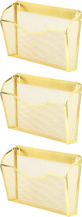 EASEPRES 3 Single Pocket Mesh Hanging File Organizer, Vertical Wall Mounted Magazine File Holder, Mount Basket Mail Paper Document Folder Organizing for Office, Home and School, Gold