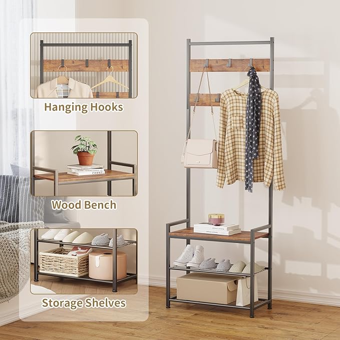Coat Rack Hall Tree with Shoe Storage, Entryway Hall Tree Storage Bench, Wood Look Accent Furniture with Metal Frame, 3-in-1 Design, Rustic Brown