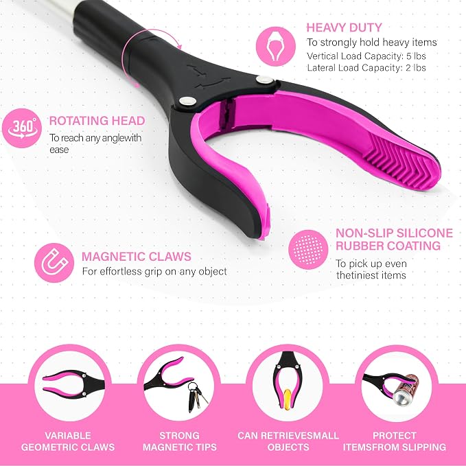 2 Pack 32 inch GrabRunner Reacher Grabber Tool with Strong Magnetic and Swivel Head (New Pink)