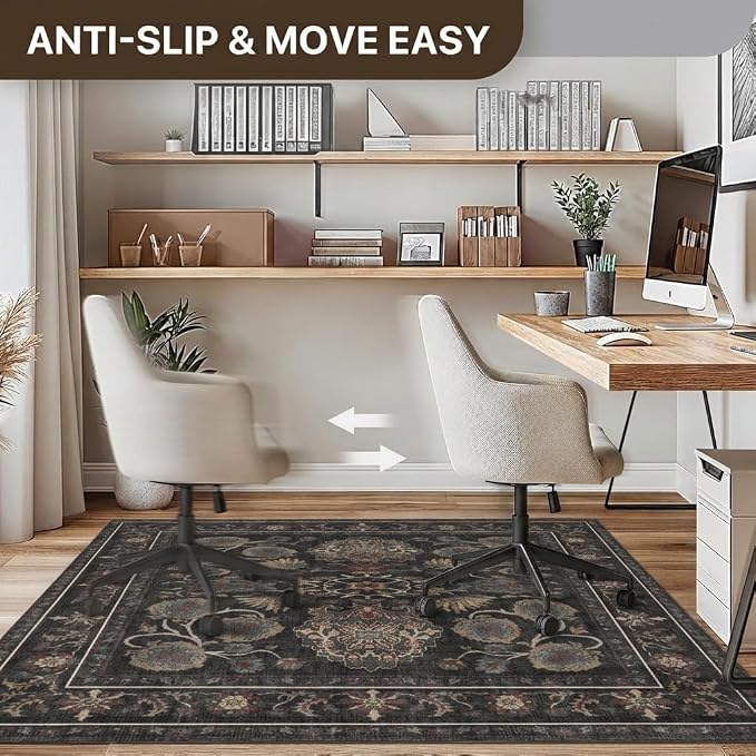 48"x72" Office Chair Mat for Hardwood Tile Floor, Under Desk Carpet Protector for Rolling Computer Chair Mat, Machine Washable Area Rug, Anti-Slip 1/5" Thick Low Pile Thin Vinyl Floor Mat, Charcoal