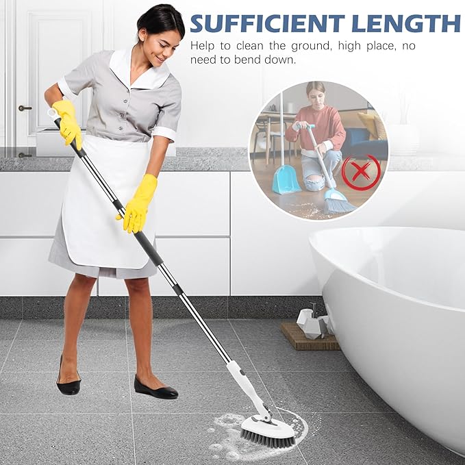 SetSail Floor Scrub Brush, 3-in-1 Tile Tub Floor Scrubber with 52-inch Adjustable Long Handle Shower Cleaner Brush and 3 Detachable Replacement Brush Heads for Cleaning Bathroom Tub Tile, White Grey
