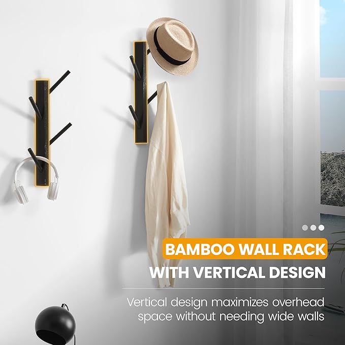 TIOPGHAD 2 Pack Small Vertical Coat Rack Wall Mount, Bamboo Coats Hooks Clothes Holder Hanger for Wall Coat Hat Jacket Clothing Bathroom Robes Entryway(Black)
