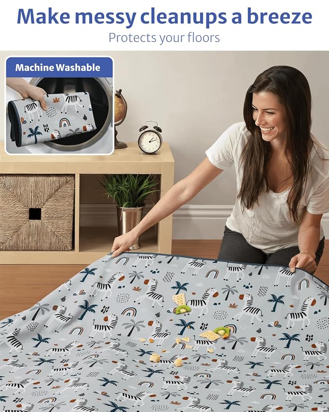Blissful Diary Baby Splat Mat for Under High Chair, 50.4 x 50.4 Inch Wipeable Splash Mat, Waterproof and Washable, Anti-Slip Floor Protector, Gray Zebra