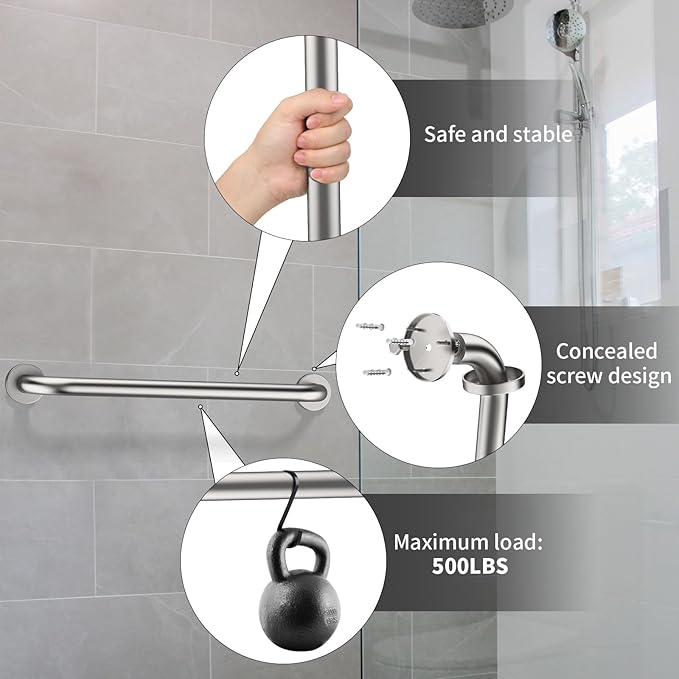 24 Inch Bathroom Grab Bar, ZUEXT Brushed Nickel Safety Handrail for Shower Toilet Bathtub, Wall-Mounted Stainless Steel Handicap Grab Rail for Seniors Disabled Bath Safety Support (1.25" Diameter)