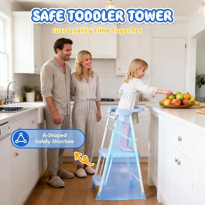 HBTower Kids 2 Steps Step Stool,Toddler Tower for Kitchen Counter Learning,Toddler Kitchen Stool Helper with Anti-Drop Safty Railing Kids Standing Folding Stepper(Blue)