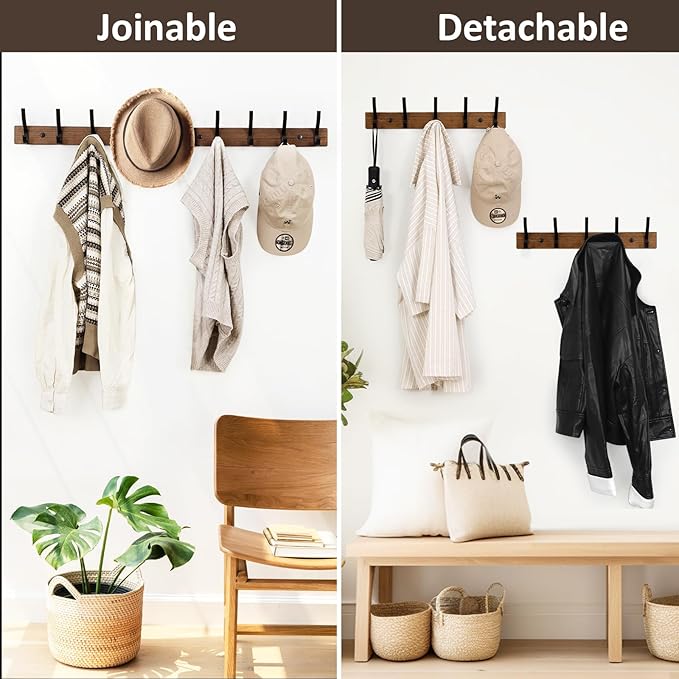 Optish Coat Rack Wall Mount, 16.5 Inches Wood Coat Hooks Wall Mount, Wall Coat Rack with 5 Hooks, Hat Rack Wall Hooks for Hanging Coat, Bag, Towel (2Pack, Brown)