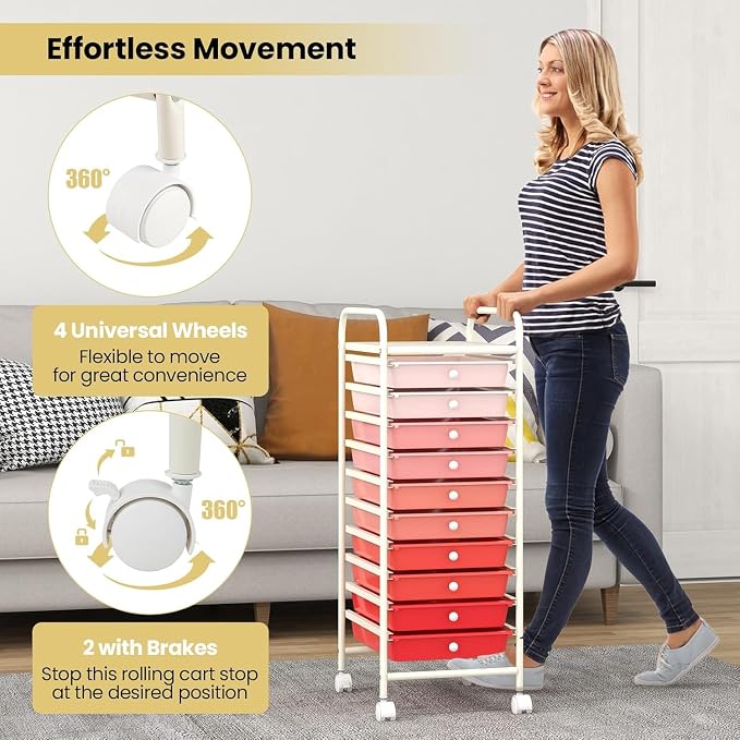 10-Drawer Rolling Storage Cart, Trolley w/Lockable 360° Wheels, 10 Removable PP Drawers, Sturdy Metal Frame, Rolling Utility Cart Perfect for Home, Office, Classroom (Mixed Pink)