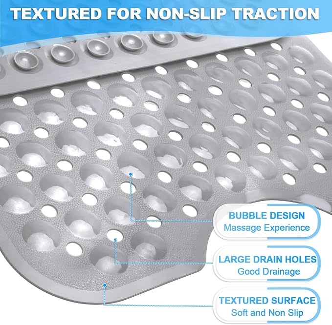Bathtub and Shower Mats, 40x16 Inch Extra Large Non Slip Soft Bath Tub Mat with Suction Cups and Drain Holes for Bathroom Floor and Keep Tubs Clean, Machine Washable, Gray
