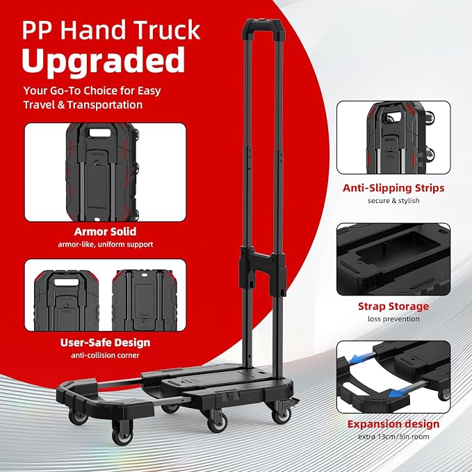 Hand Truck 550Lbs, Folding Dolly Cart with 6 Wheels-Compact/Heavy-Duty, Portable Rolling Utility Cart for Moving Shopping Travel Vendor Booth, Carrito para Cargar Cosas Con Ruedas with 2 Bungee Cords