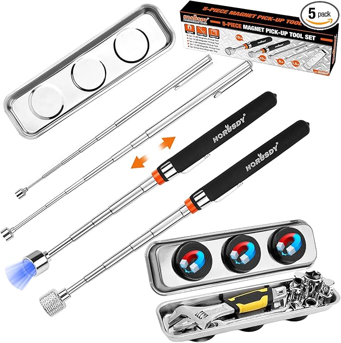 HORUSDY 5-PIECE Magnetic Pickup Tools Set, Include 15LB, 10LB, 3LB, 1.5LB Magnet Sticks, Rust-Proof Magnetic Tray, Telescoping Design for Mechanics, Automotive, DIY, Gifts for Men, Dad, Husband
