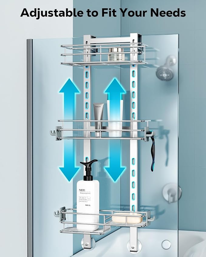 Nieifi Over the Door Shower Caddy, Stainless Steel Rustproof, Adjustable Hanging Shower Organizer, Anodized Aluminum, Silver