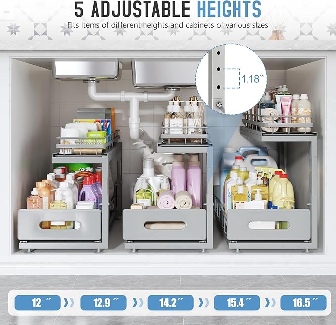 Under Sink Organizer Upgrade To Professional Rails,2-Tier Dual Pull Out Cabinet Storage,Height Adjustable Slide Out Drawers For Bathroom Kitchen,1 Pack-21"Dx12.8"-16.9"H,Gun Gray