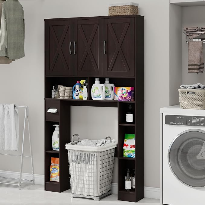 Over The Toilet Storage Cabinet, Farmhouse Toilet Cabinet Rack with 3 Barn Doors, Space Saving Bathroom Organizer with Shelves, Toilet Paper Holder and Towel Rack for Bathroom,Restroom.(Walnut).