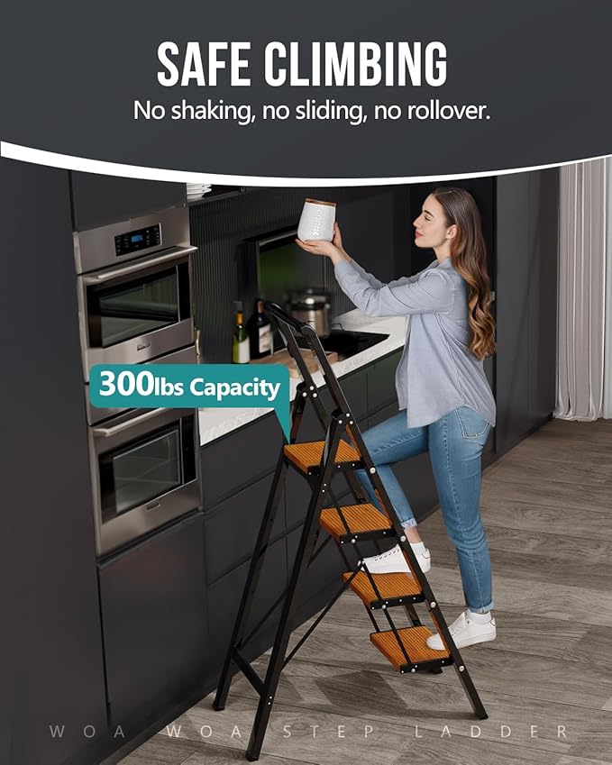 WOA WOA 4 Step Ladder, Ladders for Home, Anti-Slip Pedals, Aluminum Step Stool Foldable, Lightweight to Move, Ease of Storage, Reach 9ft for Closet Kitchen Library, Hold 300lbs - Black&Wood Grain