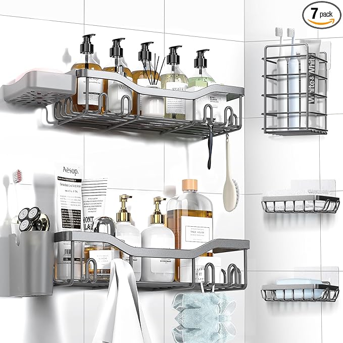 NESOMI Shower Caddy Adhesive Shower Organizer 7-Pack, Rustproof Stainless Steel Bathroom Shelves, Large Capacity No-Drill Rack Storage Accessories with Soap Dish Toothbrush Holder Hooks