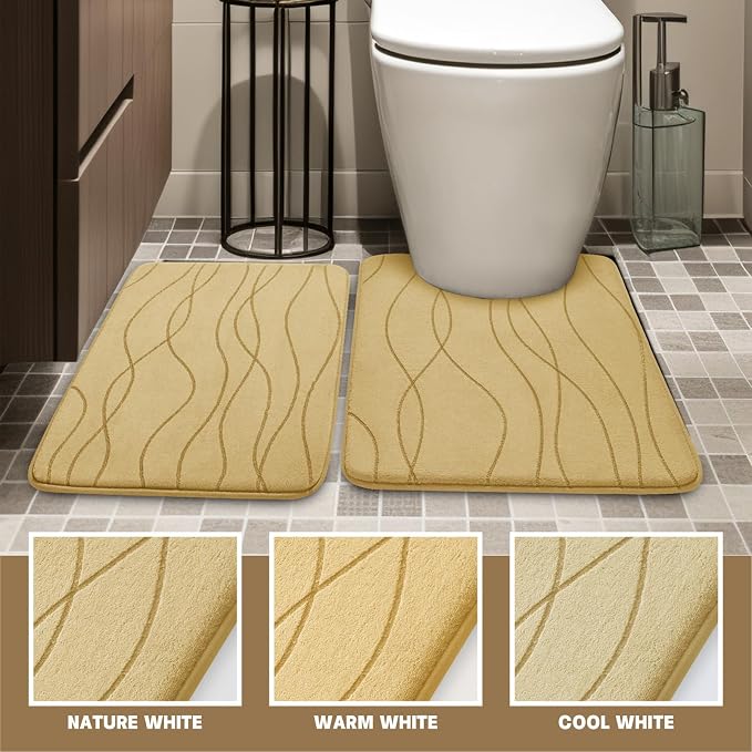YIHOUSE Memory Foam Bathroom Rug Sets, 2 Piece, Beige-U Shape & Small Mat | Ultra Soft, Absorbent, Non-Slip, Machine Washable