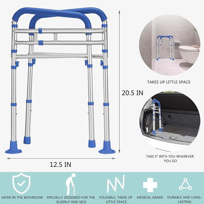 Lianjindun Toilet Safety Rails (350 lb), Adjustable Toilet Frame for Elderly, Seniors, Handicap & Disabled, Foldable Handicap Toilet Handles Fit Any Toilets（Dark Blue）