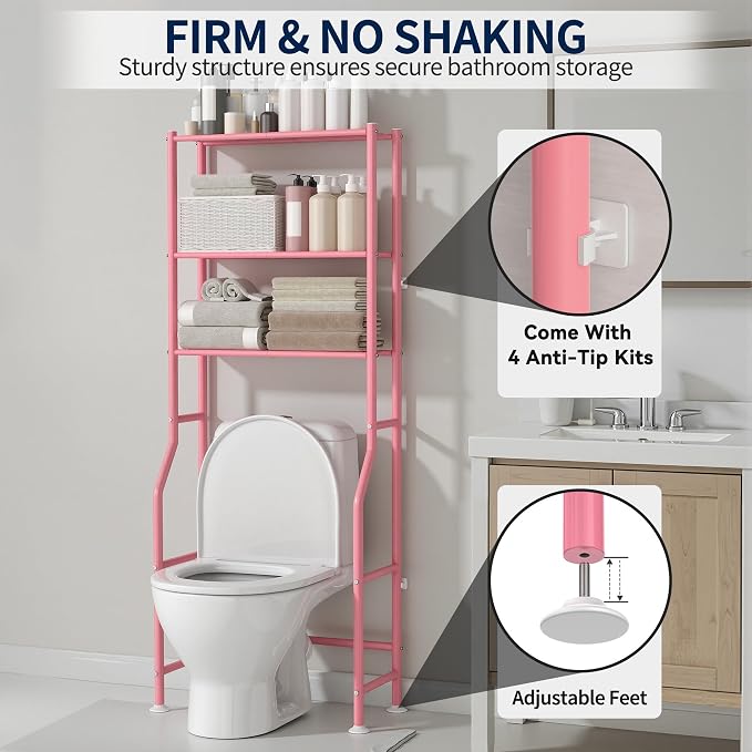 GloTika 3-Tier Over Toilet Storage Rack, Metal Over Toilet Bathroom Organizer Shelf, Freestanding Space Saver Storage Shelves for Bathroom/Laundry/Living Room (Pink)