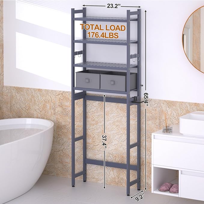 Cozivolife Over The Toilet Storage: 4-Tier Bamboo Organizer Rack with 2 Baskets & Paper Holder & 4 Hooks & Waterproof Feet Pad, Adjustable Freestanding Shelf for Bathroom (Grey)
