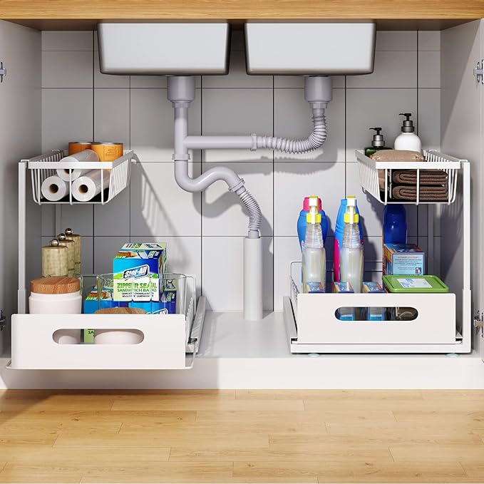 2 Pack Under Sink Organizer, 2 Tier Pull-Out Cabinet Storage Shelf, Rust-Resistant Metal Organizer for Kitchen Bathroom Laundry Room, No Tools Installation, White