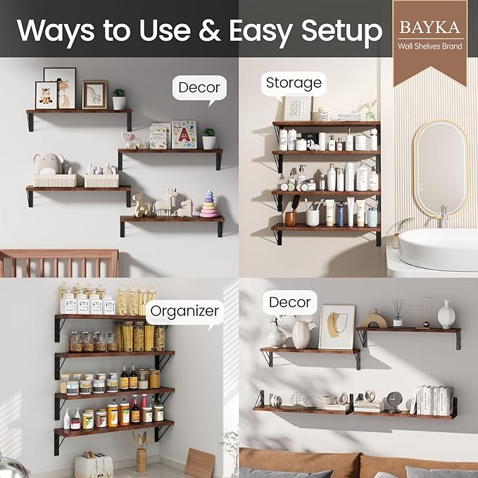 BAYKA Wall Shelves for Bedroom Decor, Floating Shelves for Wall, Display Mounted Rustic Wood Shelf for Books,Plants,Corner Shelves for Bathroom,Kitchen,Living Room(Rustic Brown，23in，Set of 4)