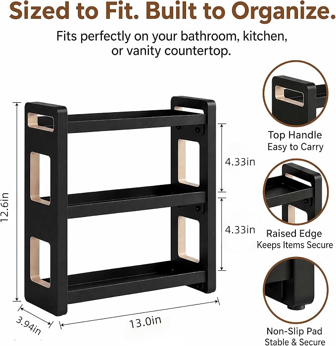 Narrow Solid Wood Bathroom Counter Organizer, Space-Saving Bathroom Storage Rack for Vanity, Multi-Purpose Kitchen Spice Rack & Bedroom Makeup Organizer (Black, 3 Tier)