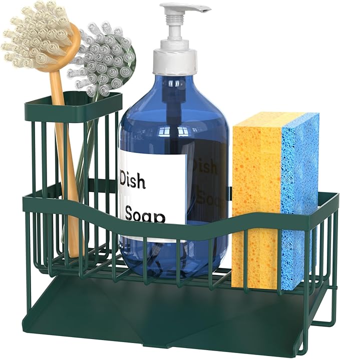 Fssvcd Maifan Sink Caddy Sponge Holder for Kitchen with Brush Holder and Stainless Steel Self Drain Tray, Rustproof Kitchen Sink Organizer for Sponge, Soap Dispenser Storage Accessories Dark Green