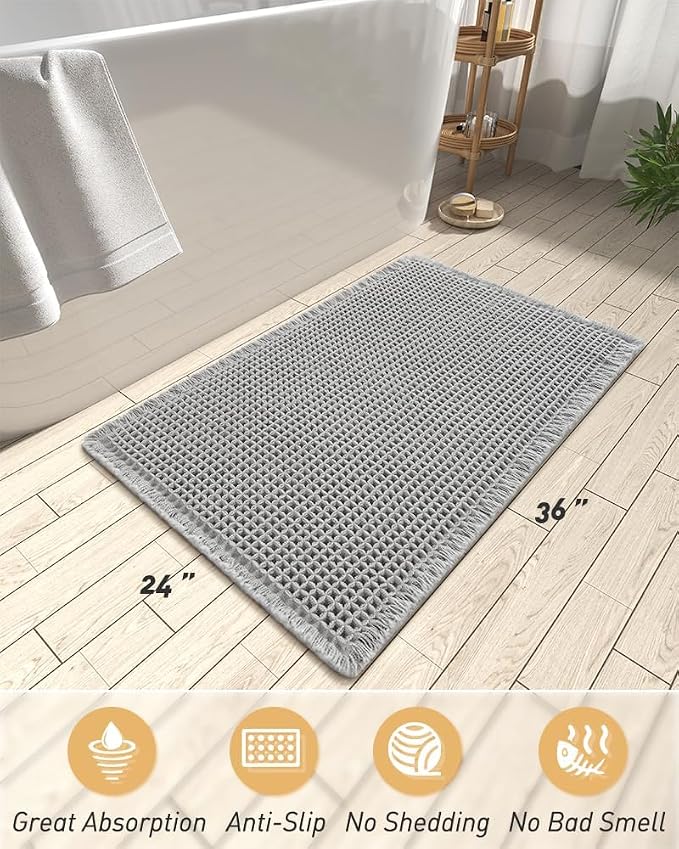 AMOAMI Upgraded Waffle Bath Mat, Super Absorbent Non Slip Bath Mats for Bathroom Floor, Washable Bathroom Rugs with Tassels, Rubber Backed Bathroom Mats, Ultra Soft, 24" x 36", Light Grey
