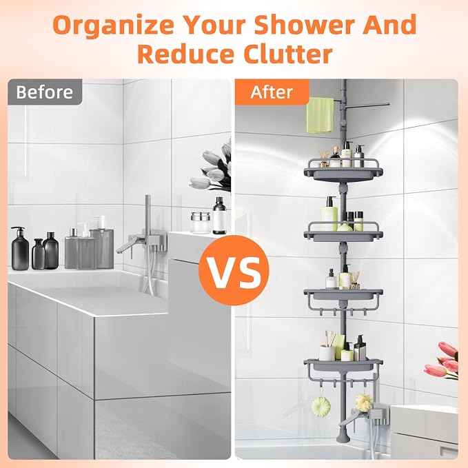 XLHOMO 32-122inch Corner Shower Caddy Tension Pole Grey, Rustproof Drill-Free Shower Shelves for Bathroom Bathtub Washbasin, Adjustable Shower Organizer with 4 Tier Patent Stable Shelves & Towel Bars