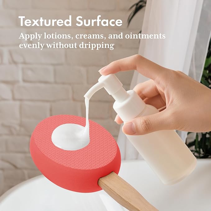 AmazerBath Lotion Applicator for Back, Feet, 4 Replacement Pads with 17" Curved Handle, Back Sunscreen Applicator for Kids, Elderly, Women, Apply Skin Cream Medicine Moisturizer Tanner, Rose Red