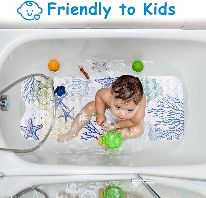 Topotdor Nautical Coastal Bathtub Mat Non Slip for Shower Tub, 40 X 16 Inch Extra Long Bath Mat for Elderly & Kids, Machine Washable Shower Floor Mat with Suction Cups & Drain Holes, Starfish Coral