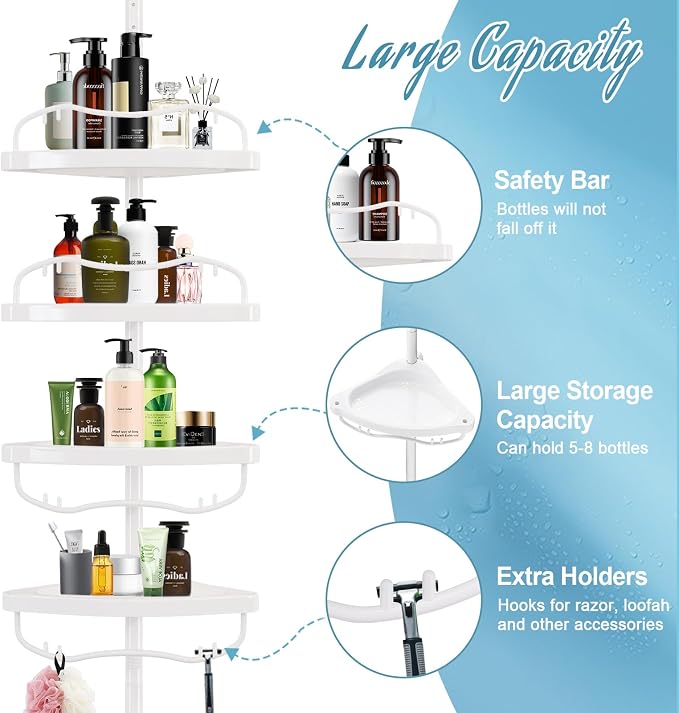 Corner Shower Caddy Tension Pole, Rustproof Bathtub Storage Organizer with 4 Adjustable Shelves, Bathroom Shower Rack Shampoo Holders for Inside Shower, 40"-120" Floor to Ceiling Shower Caddy White