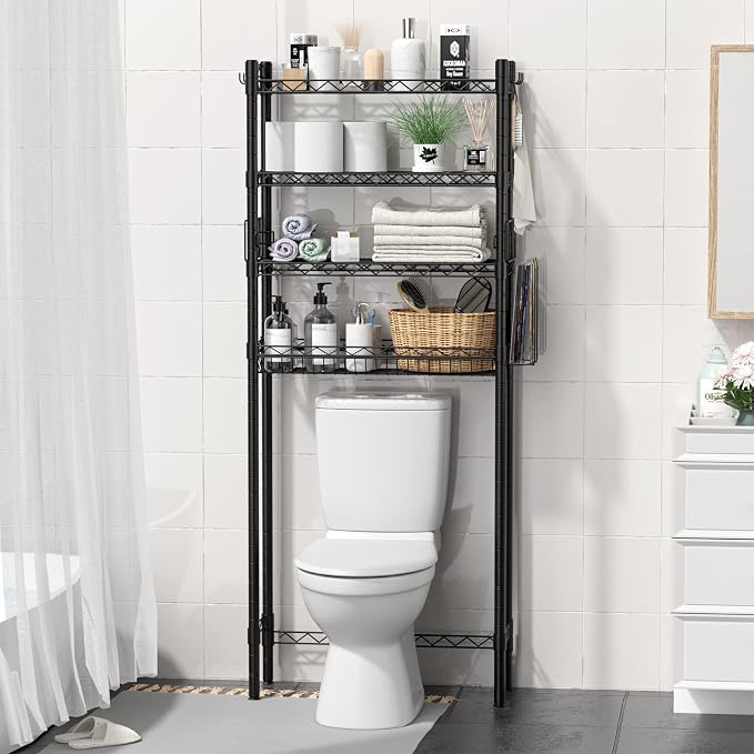Hodonas Over Toilet Bathroom Organizer, Adjustable 4-Tier Over the Toilet Storage Shelf Sturdy Bathroom Shelves, Freestanding Above Toilet Storage Rack Stable Bathroom Space Saver, Black