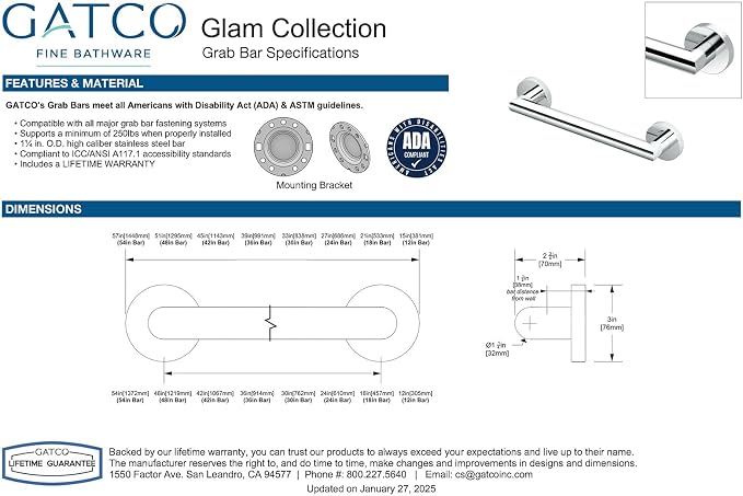 Gatco 964 Glam 24" Grab Bar, Chrome/ADA Compliant Safety Grab Bar for Bathroom