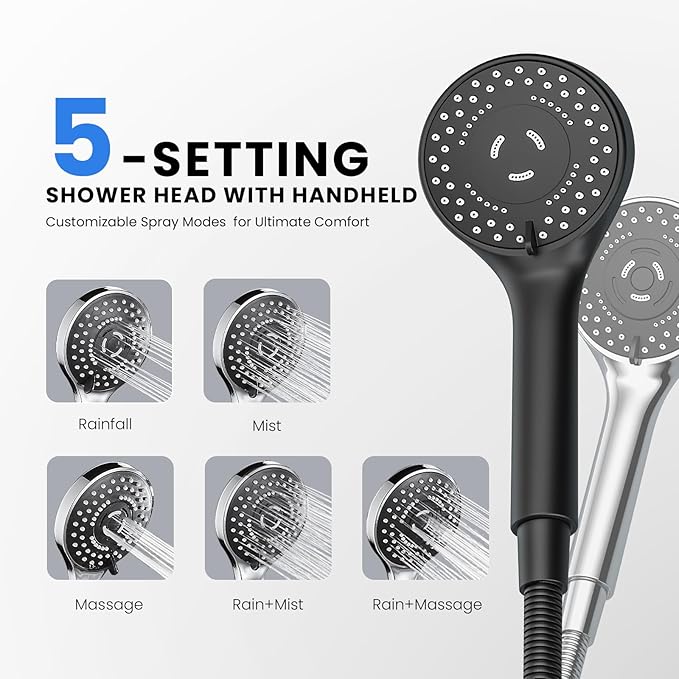 Wide Rain Shower Head With 5 Modes Handheld Showerheads, High Pressure Showerhead Combo with Extension Arm for Bathroom Accessories, Adjustable Shower Head with Anti-Clog Nozzles (Black)