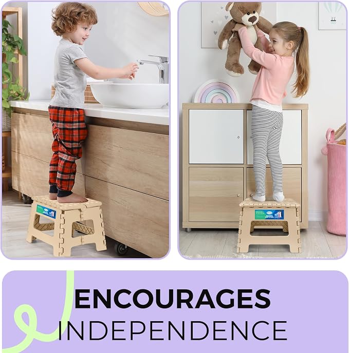 Dyforce Folding Step Stool 9 Inch, Kids Step Stool, Heavy Duty Step Stools for Adults, Compact Foot Stools, Light-Weight Toddler Step Stools for Kitchen, Bathroom, Holds Up to 300 lbs (Khaki)