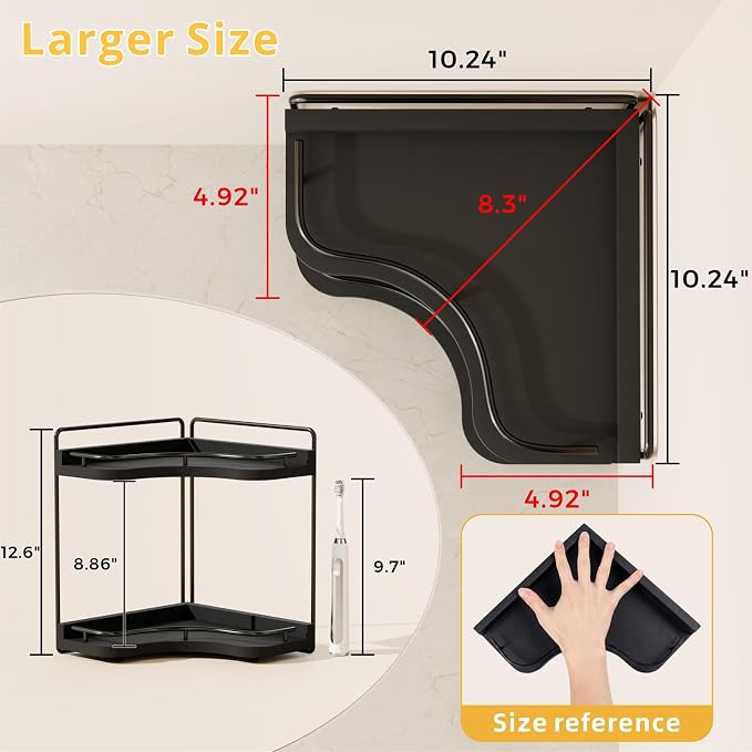 2-Tier Corner Bathroom Counter Organizer with Embedded Screw Holes, Secure & Stable Wood Vanity Shelf for Makeup and Skincare Essentials - Space Saving Bathroom Countertop Storage, Black