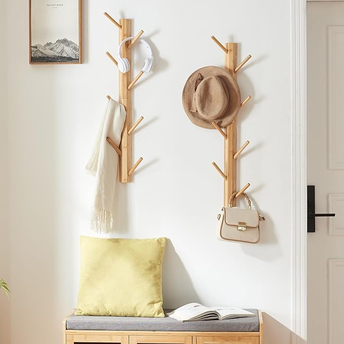 TIOPGHAD 2 Pack Coat Rack Vertical Wall Mount, Bamboo Coats Hooks Clothes Holder Hanger for Wall Coat Hat Jacket Clothing Bathroom Robes Mudroom Entryway(Natural)