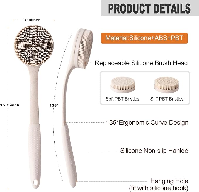 Long Handle Shower Back Scrubber,15.75 Inch Ergonomic Curved Brush with 3 Replaceable Heads with Soft and Firm Bristles,Silicone Handle for Easy Back Cleaning and Exfoliation,Bath Body Brush(Beige)