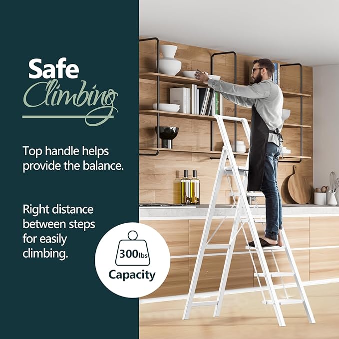 WOA WOA 6 Step Ladder, Lightweight Folding ladders with Wide Pedals, Slim Stepladder for Narrow Spaces, Tall Ladder for High Ceilings with Handrails, Kitchen Aluminum Ladder 300lbs - White