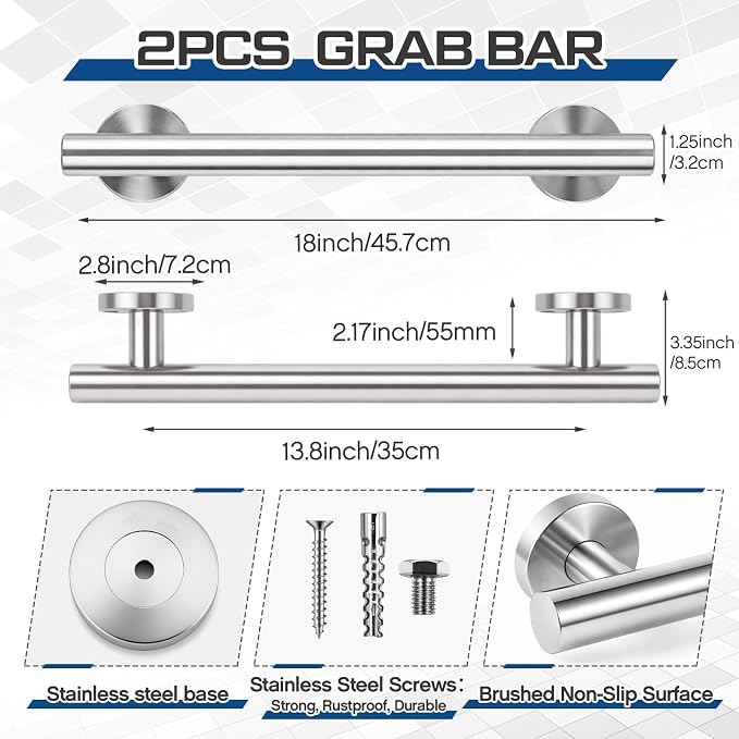 Zonon 2 Pack Shower Grab Bars, 18 Inch Heavy Duty Stainless Steel Bathroom Safety Grab Bar with 1.25" Diameter, Wall Mounted Anti-Slip Safety Handle for Seniors Elderly Handicap, Bathtub Toilet Step