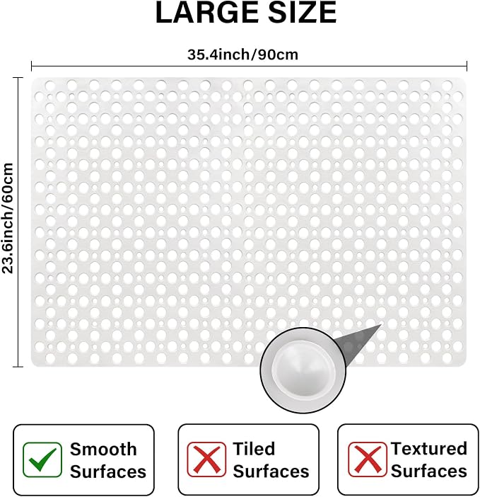 Non Slip Shower Mat: 36 X 24 Inch Large Shower Mats for Inside Shower - Soft TPE Anti Slip Long Shower Floor Mat with Large Drain Holes and Suction Cups