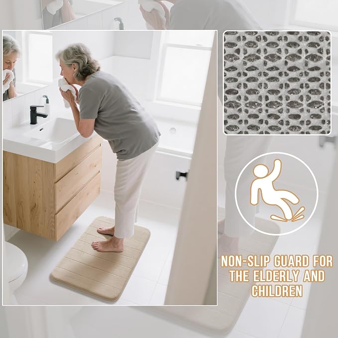 Yimobra Large Bath Mat Set 2 Piece- Super Soft Absorbent Quick Dry Memory Foam Bathroom Rugs, Machine Washable Non Slip Floor Carpet for Tub Shower & Double Vanity (17x24 & 44x24, Beige)