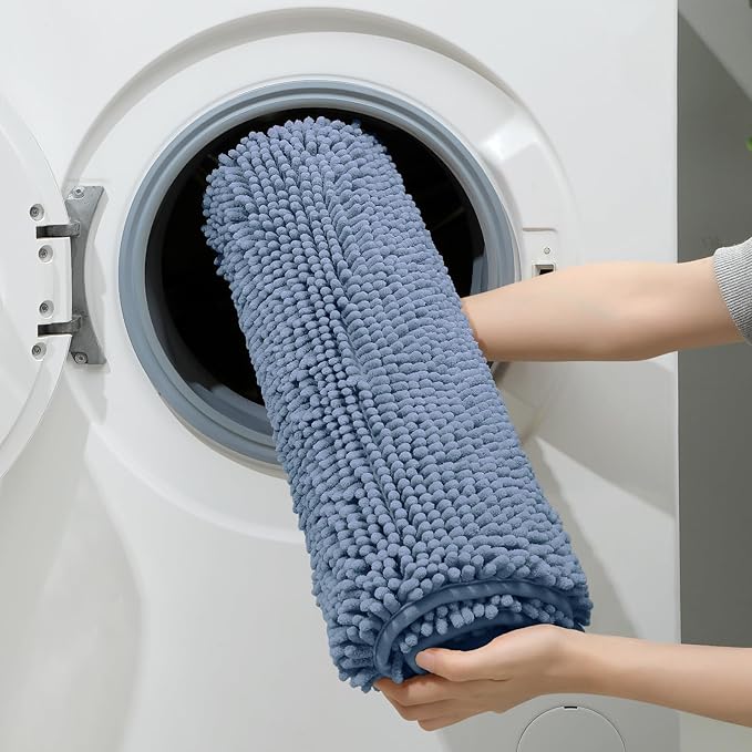 HOMEIDEAS 3 Pieces Bathroom Rugs, Ultra Soft Non Slip Absorbent Chenille Toilet Bath Mat Set (Grey Blue)