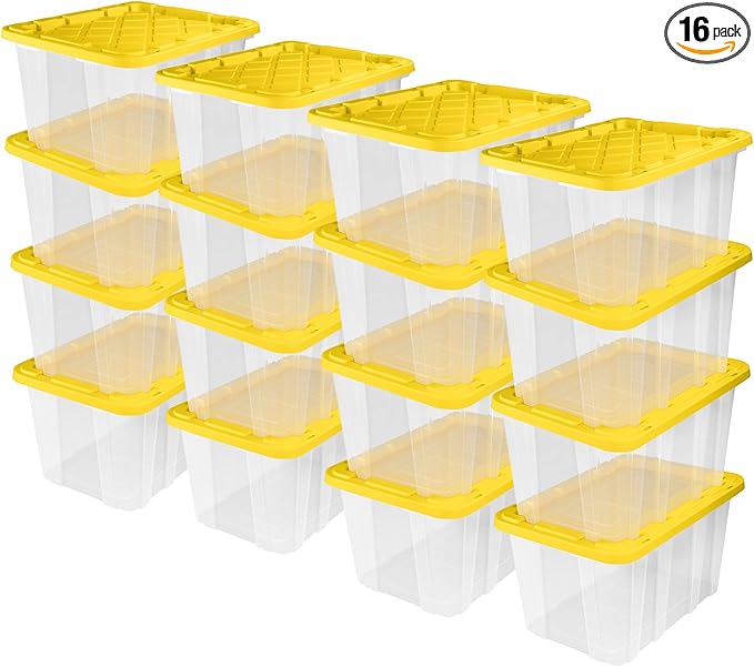 Sterilite 16-Pack Industrial Storage Box, Clear Plastic Organizer Bins with Handles, 27 Gallon, Yellow - Stackable Container Boxes for Bedroom, Bathroom, Garage, and Office Organization