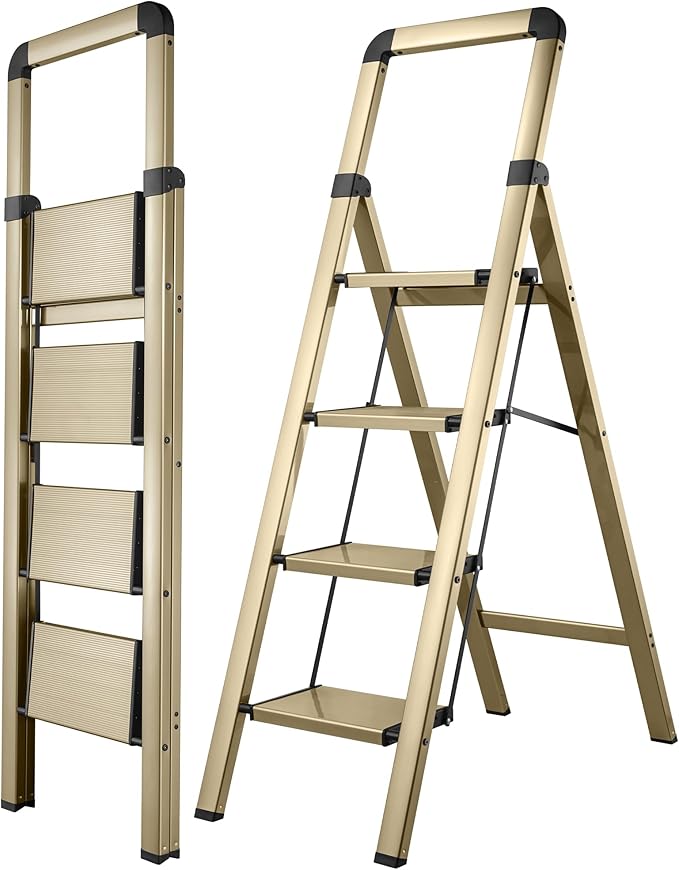 Step Ladder 4-Step Champagne Finish Aluminum Folding Ladders