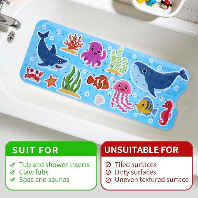 Baby Bath Mat for Tub Non Slip Kids Bathtub Mat Extra Long 40X16 Inch Toddler Bath Tub Shower Mat Anti Slip with Suction Cups & Drain Holes, Machine Washable (Whale Shark)