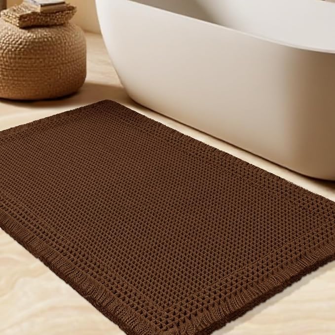 Waffle Bath Mat, Boho Woven Modern Bath Rug Absorbent Non Slip, Ultra Soft Bathroom Mats, Machine Washable Knit Bath Rugs with Border for Bathroom, Bedroom, Kitchen, Shower, Tub, 36"x24", Brown