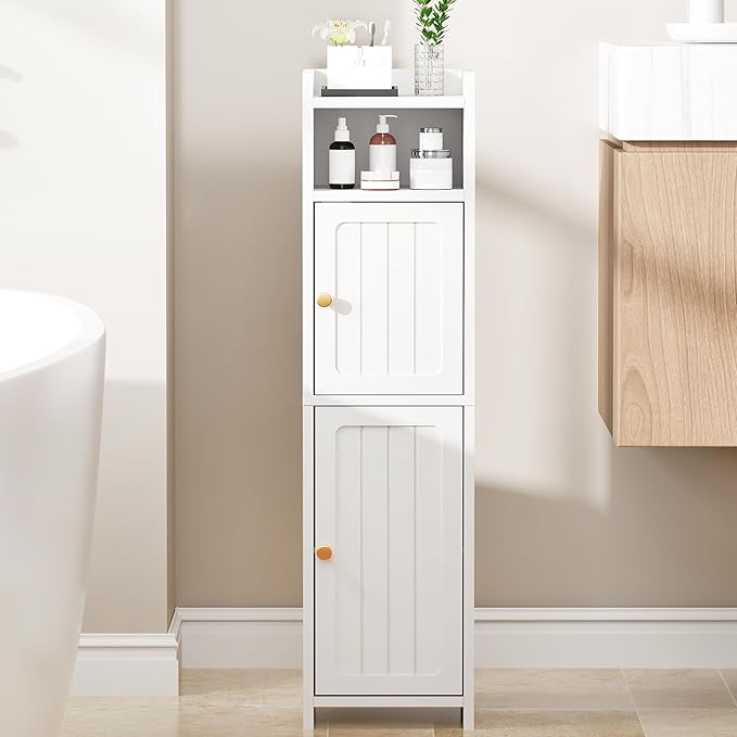 BEWISHOME Small Bathroom Cabinet, Bathroom Storage Cabinet with Adjustable Shelves & 2 Doors, Narrow Toilet Paper Cabinets, 7.9" D x 7.9" W x 31.5" H, for Small Spaces, White YYG03W
